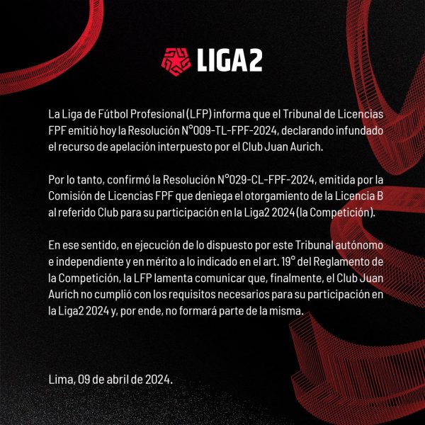 Resolución del El Tribunal de Licencias de la Federación Peruana de Fútbol. Fuente: Liga 2