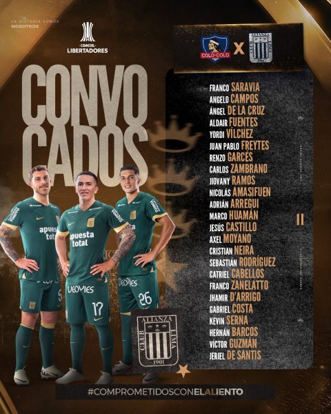 Lista de convocados por Alianza Lima para su duelo contra Colo Colo. 